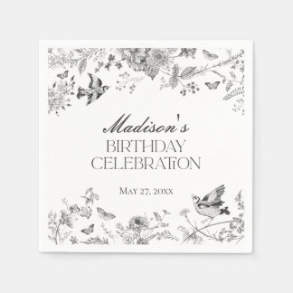 Svart Toile De Jouy Vintage Blommig Födelsedagsfes Pappersservett