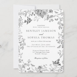 Svart Toile De Jouy Vintage Fransk Blommig Bröllop Inbjudningar