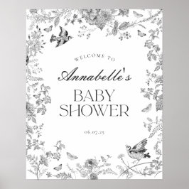 Svart Toile Jouy Blommig Baby Shower Välkomstskylt Poster