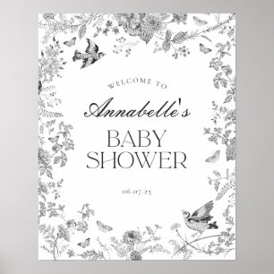 Svart Toile Jouy Blommig Baby Shower Välkomstskylt Poster