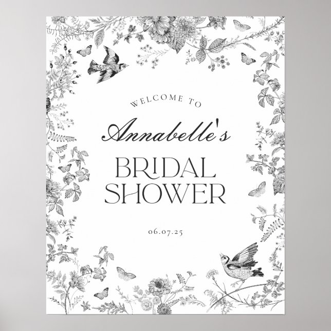 Svart Toile Jouy Blommig Bröllopsfest Välkomstskyl Poster (Framsidan)