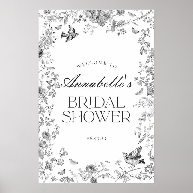 Svart Toile Jouy Blommig Bröllopsfest Välkomstskyl Poster (Framsidan)