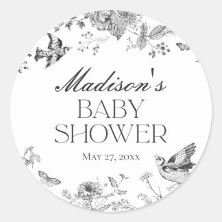 Svart Toile Jouy Vintage Blommig Baby Shower Favor Runt Klistermärke