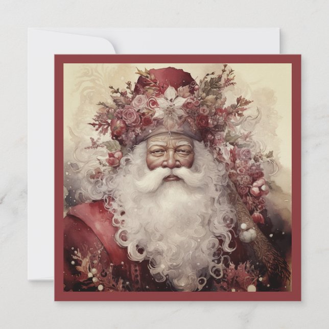 Svart Tomte i rokoko röd rosa blommig grönska Julkort (Framsida)