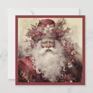 Svart Tomte i rokoko röd rosa blommig grönska Julkort