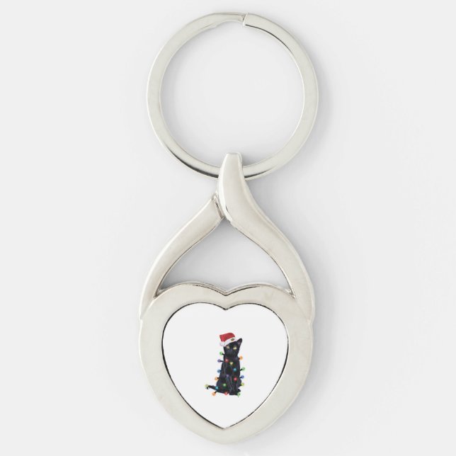 Svart tomte-katt med julbelysning twisted heart silverfärgad nyckelring (Framsidan)