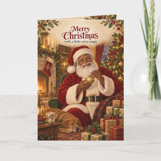 Svart tomte mysig julkort vid brasan kort (Framsida)
