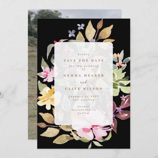 Svart, torkad Blommigt, vattenfärgsfoto Art Bröllo Spara Datumet (Fram/baksida)