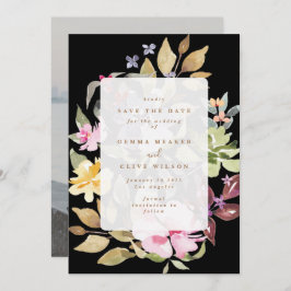 Svart, torkad Blommigt, vattenfärgsfoto Art Bröllo Spara Datumet