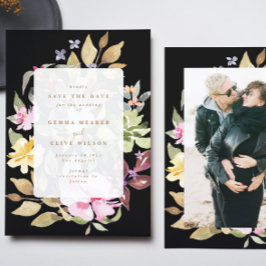 Svart, torkad Blommigt, vattenfärgsfoto Art Bröllo Spara Datumet