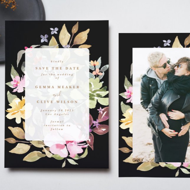 Svart, torkad Blommigt, vattenfärgsfoto Art Bröllo Spara Datumet (Skapare uppladdad)