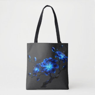 Svart Totebag med Blå Lysande Blommig Gren Tygkasse