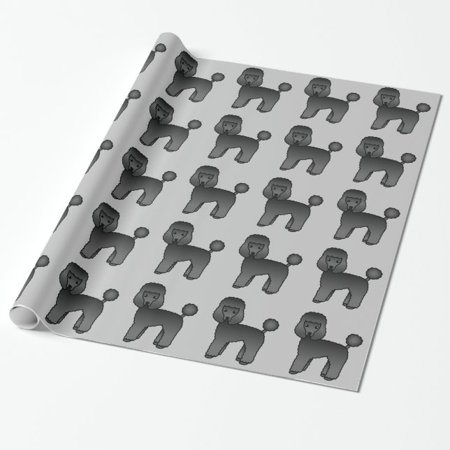 Svart Toy Poodle Hundmönster på Grått Presentpapper (Utrullad)