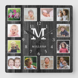 Svart Trä 12 Foto Collage Familjenamn Monogram Fyrkantig Klocka