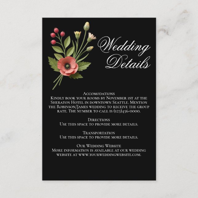 Svart Trädgård Bröllop med Vilda Blommor Detaljera Tilläggskort (Framsida)