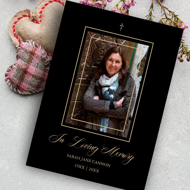 Svart, traditionell och Elegant, gyllene fotobakgr Anteckningskort (Black Traditional & Elegant Golden Photo Funeral Dear Ones Invitation Card.)