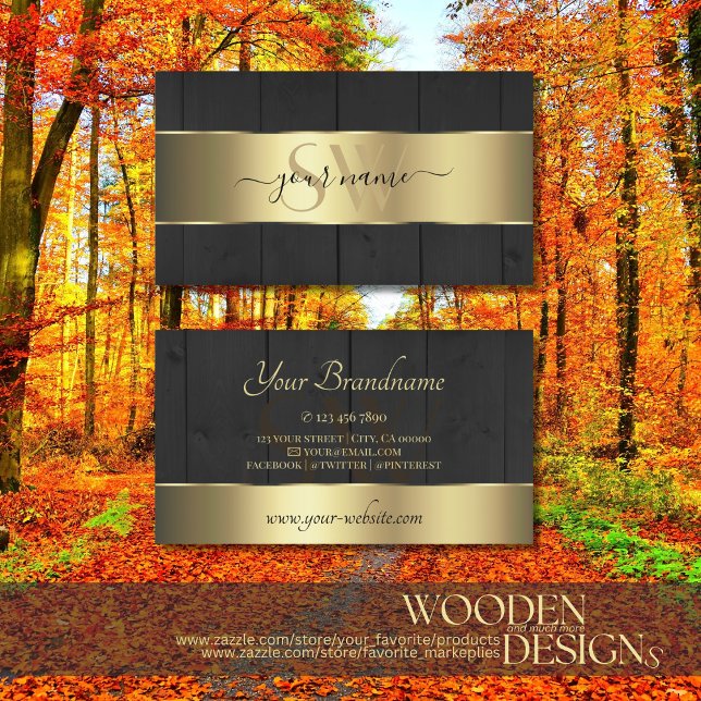 Svart träskgrain Initialer Guld Decor Visitkort (Skapare uppladdad)