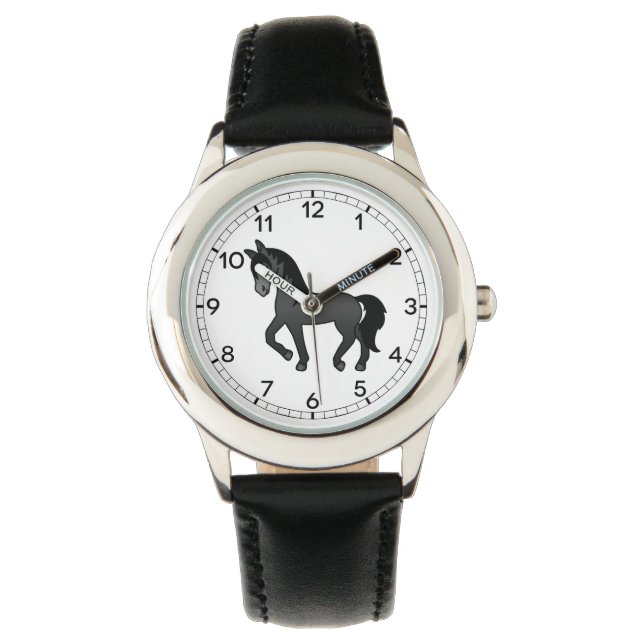 Svart Travande Häst Söt Tecknad Illustration Armbandsur (Framsida)