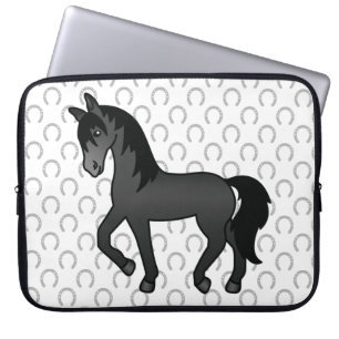 Svart Travhäst Söt Tecknad Illustration Laptop Fodral