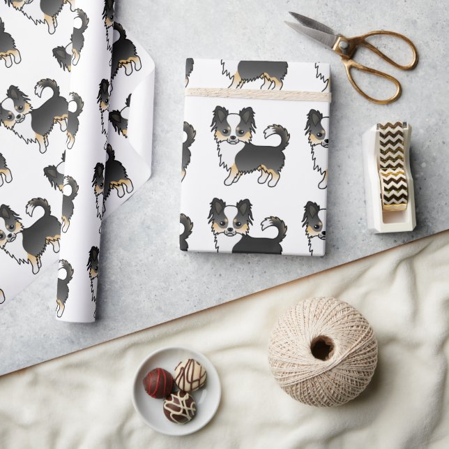 Svart trefärgad långhårig chihuahua mönster presentpapper (Hantverk)