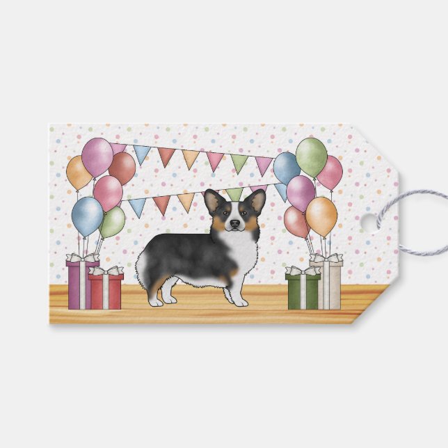 Svart trefärgad Pembroke Welsh Corgi Glad födelsed Presentetikett (Framsidan (Horisontell))