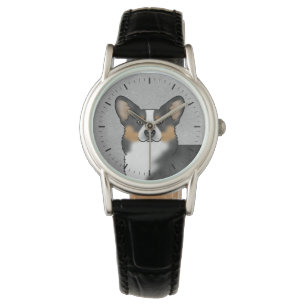Svart trefärgad Pembroke Welsh Corgi hundhuvud Armbandsur