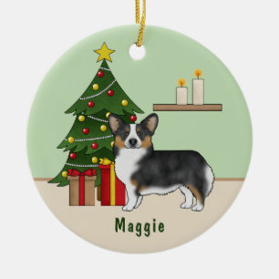Svart trefärgad Pembroke Welsh Corgi julgran Julgransprydnad Keramik