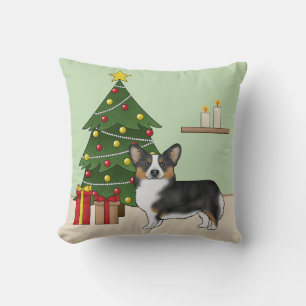 Svart trefärgad Pembroke Welsh Corgi julgran Kudde