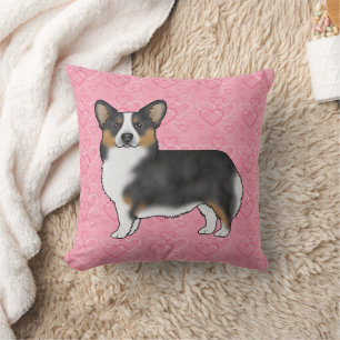Svart trefärgad Pembroke Welsh Corgi Rosa Hjärtan Kudde