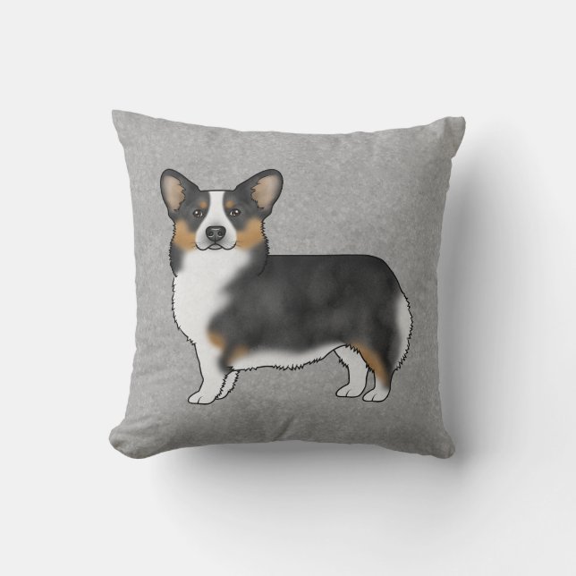 Svart trefärgad Pembroke Welsh Corgi Tecknad Hund Kudde (Framsida)