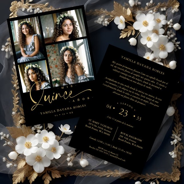 Svart Trendig Quinceañera Collage 4 Foton Inbjudningar (Spanish Black Trendy Quinceañera Collage 4 Photos Invitation Card.)