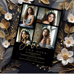 Svart Trendig Quinceañera Collage 4 Foton Spara Datumet