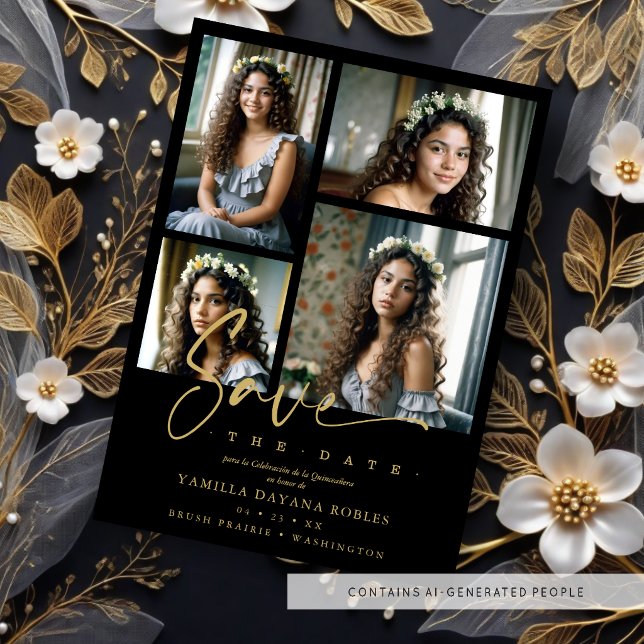 Svart trendig Quinceañera-kollage med 4 foton Spara Datumet (Spanish Black Trendy Quinceañera Collage 4 Photos Save the Date Card.)