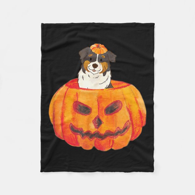 Svart Tri Color Aussie Hund Glad Halloween Pumpa Fleecefilt (Framsidan)