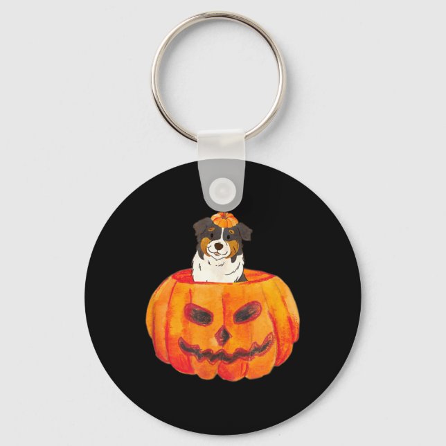 Svart Tri Color Aussie Hund Glad Halloween Pumpa Nyckelring (Framsida)