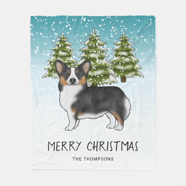 Svart Tri Pembroke Corgi Snö-juljul Fleecefilt (Framsidan)