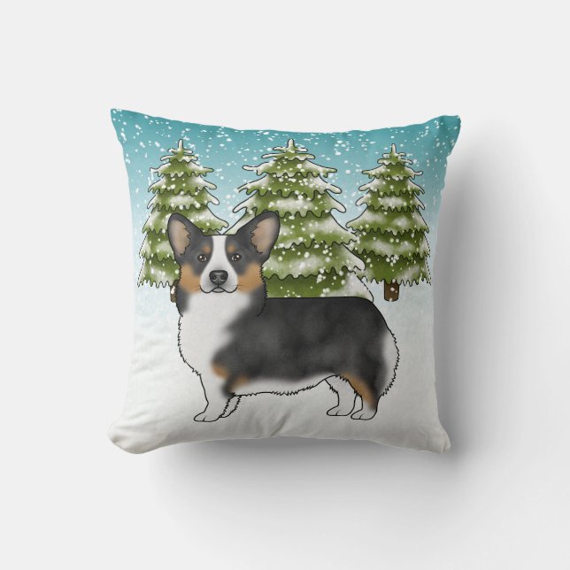 Svart Tri Pembroke Corgi Snöig Vinter Jul Kudde (Framsida)