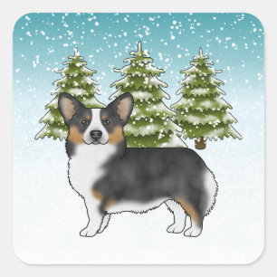 Svart Tri Pembroke Corgi Vinter Skog Jul Fyrkantigt Klistermärke