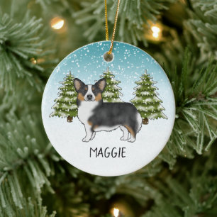 Svart Tricolor Pembroke Corgi Hund Vinter Jul Julgransprydnad Keramik