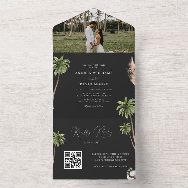 Svart Tropical Handflatan Träd-fotot QR-kod Bröllo (Insida)