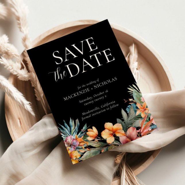 Svart tropisk Blommigt Spara datum Inbjudningar (tropical wedding save the date black)