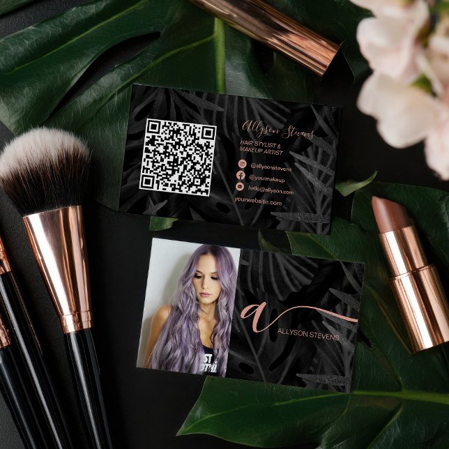 Svart Tropisk hår smink foto initial qr-kod Visitkort (Black Tropical hair makeup photo initial qr code Business Card)