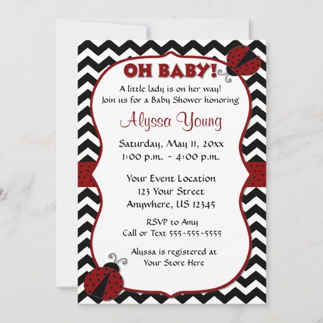 Svart tuggben Ladybug Baby Shower Inbjudan (Framsida)