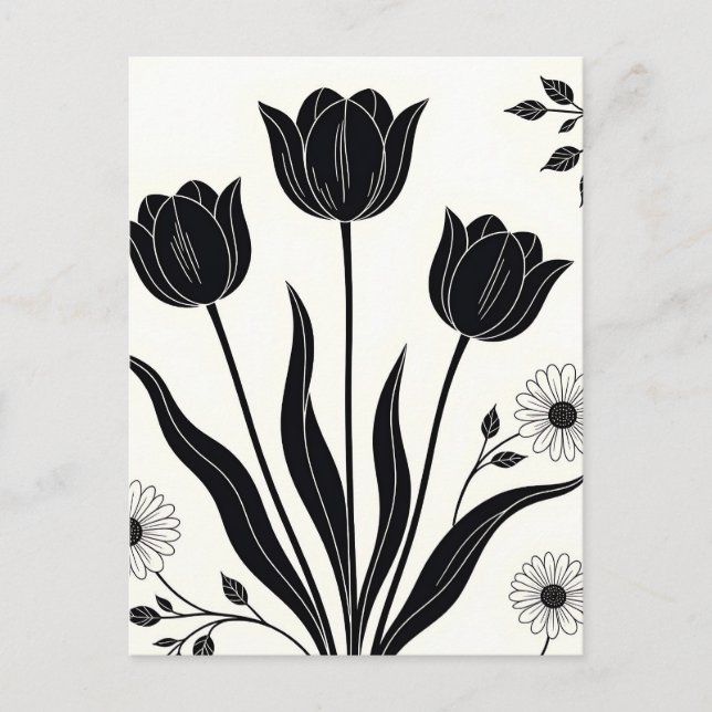 Svart Tulp Silhuett Mönster Vykort (Framsida)