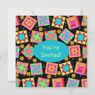 Svart turkos Färgpatchwork Quilt Block Art Inbjudningar