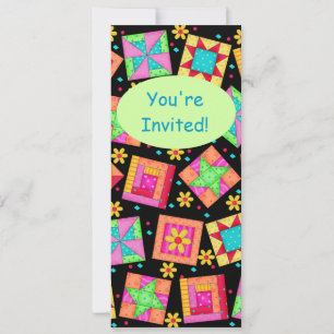 Svart turkos Färgpatchwork Quilt Block Art Inbjudningar