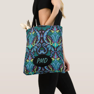 Svart turkos Teal Modern Damask Blommigt Monogram Tygkasse