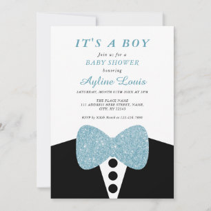 Svart Tuxedo Blue Glitter Bow Tie Pojke Shower Inbjudningar