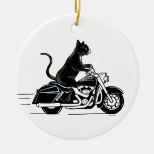 Svart tuxedo-katt som kör motorcykel julgransprydnad keramik