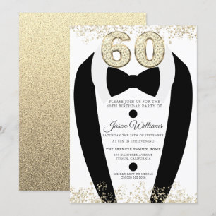 Svart Tuxedo Kostym Guld Manar, 60:e Födelsedagsfe Inbjudningar